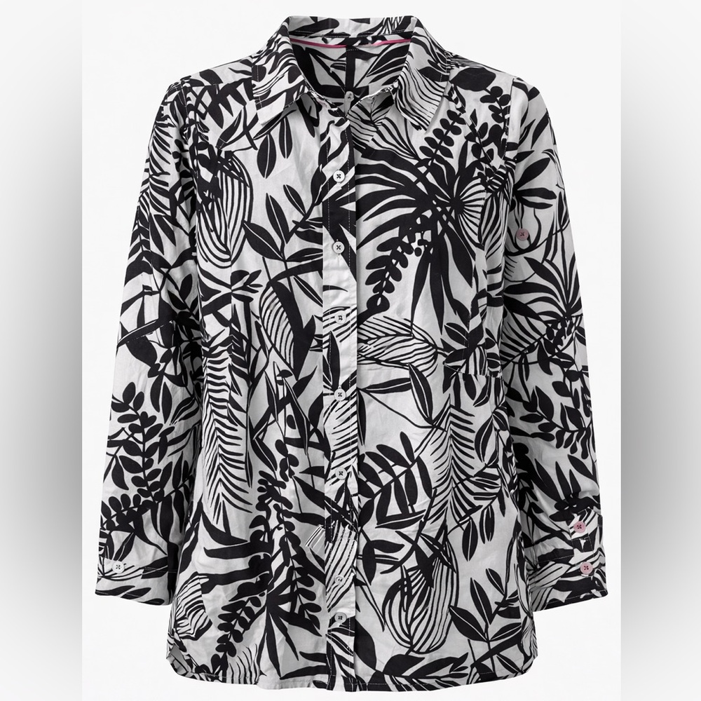 Talbots Plus 1X Black & White Tropical Print Button-Up Shirt